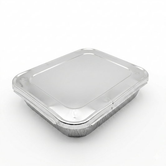 half size Aluminum food container with a lid on a white background