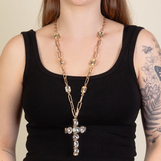1257 - Crystal Cross Necklace - Clear