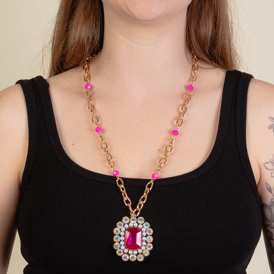 1271 - Crystal Pendant Necklace - Fuchsia