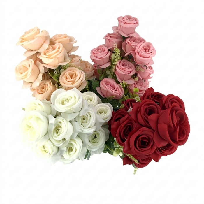 Four heart-shaped bouquets of artificial roses in pink, red, and white on a white background.