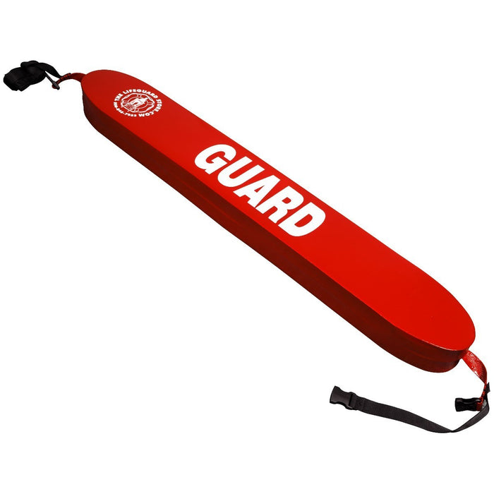 The Lifeguard Store red vinyl rescue tube with white GUARD lettering and black towline, 40" long