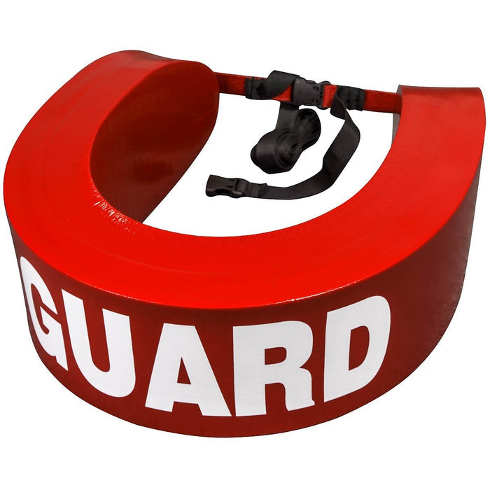 The Lifeguard Store red vinyl rescue tube with white GUARD lettering and black towline.