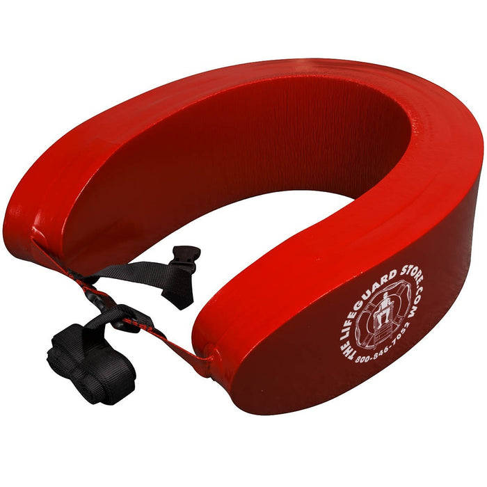 The Lifeguard Store red vinyl rescue tube with strap and buckle, 40" long, tapered ends, "GUARD" lettering.