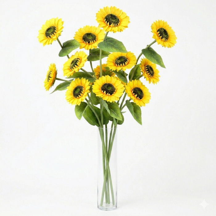 Bouquet of sunflowers in a clear vase on a white background