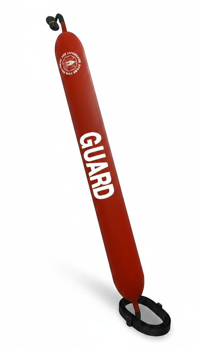 The Lifeguard Store 50" red vinyl rescue tube with white "GUARD" lettering and attached towline.