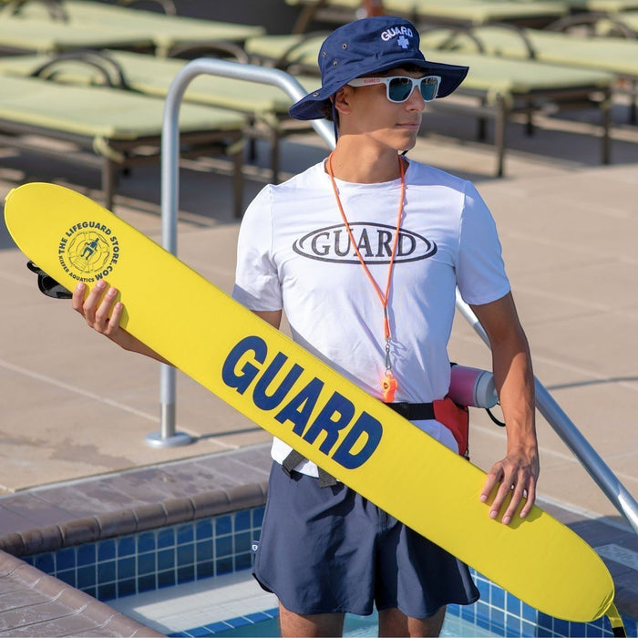 The Lifeguard Store yellow 50" rescue tube with blue "GUARD" lettering and a lifeguard model.