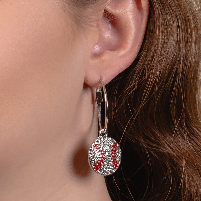93436 - Crystal Baseball Hoop Earrings - Red & White