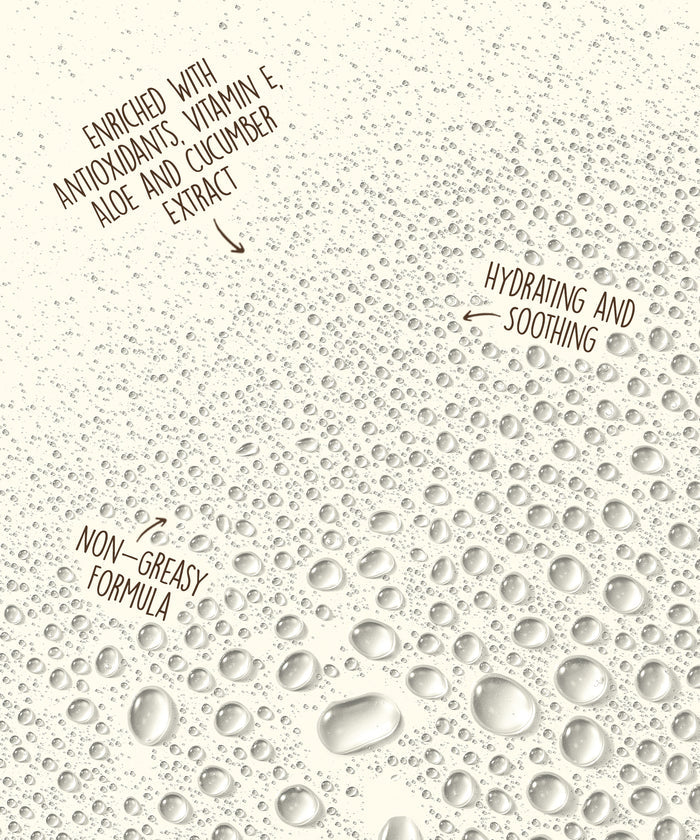 Close-up of water droplets illustrating the hydrating, soothing, and non-greasy properties of After Sun Cool Down Spray by Sun Bum.