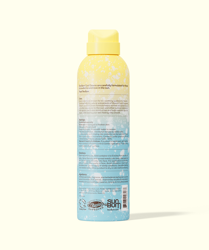 Sunscreen spray bottle with yellow cap and blue label on a white background