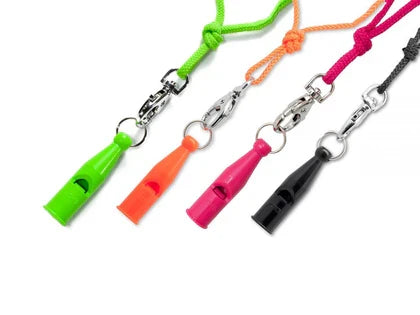 Set of colourful 212 whistles on lanyards against a white background