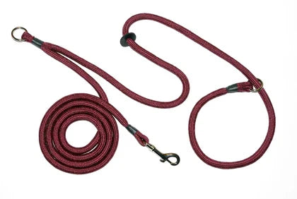 burgundy dog leash with metal clips on a white background