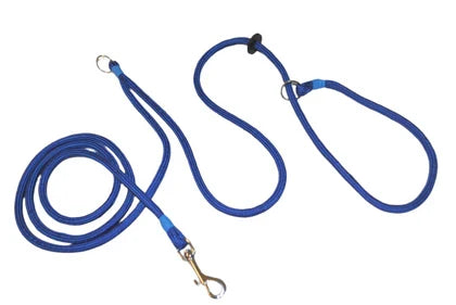 Blue dog leash with a metal clip on a white background