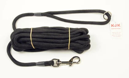 Black dog leash with metal clip on a white background, featuring KJK Kennels branding.