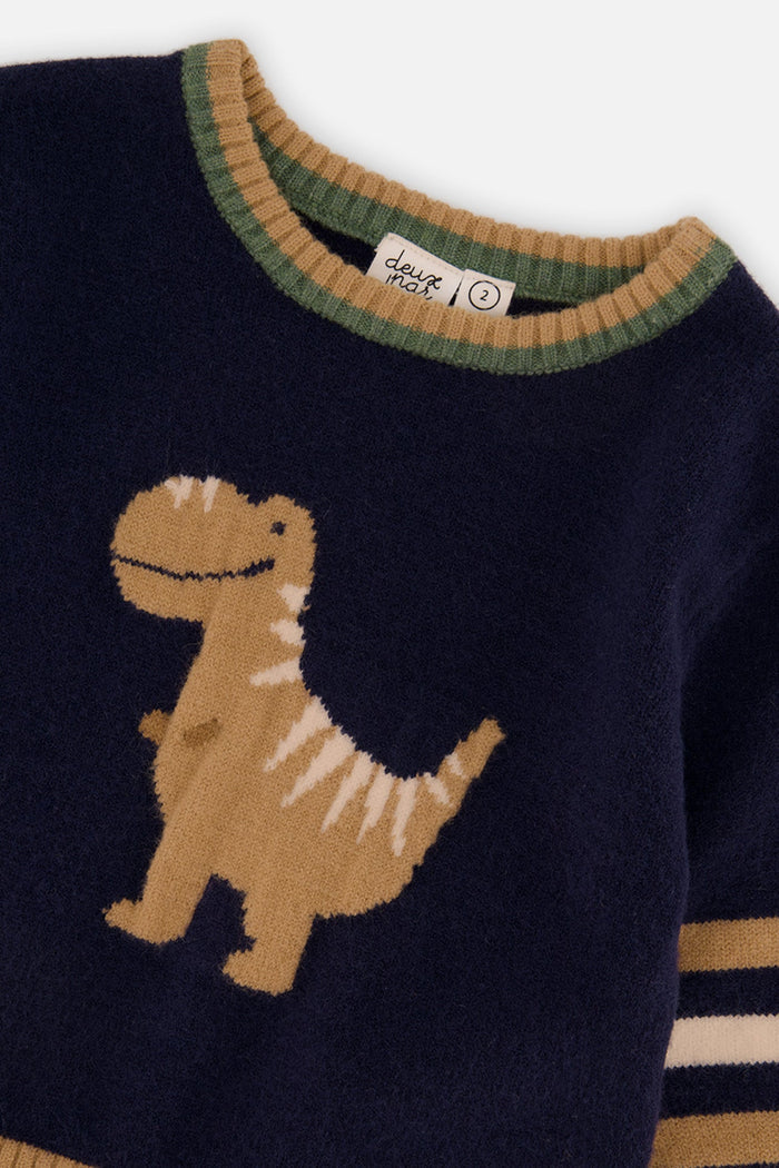 Baby Knit Sweater With Intarsia Dark Blue, Brown And Beige-2