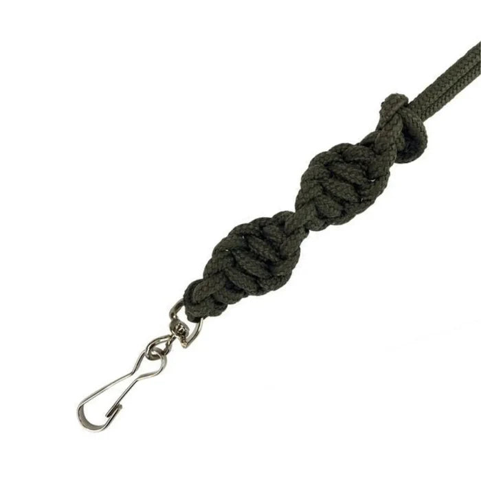 Green braided lanyard line with a barley twist design and metal hook on a white background