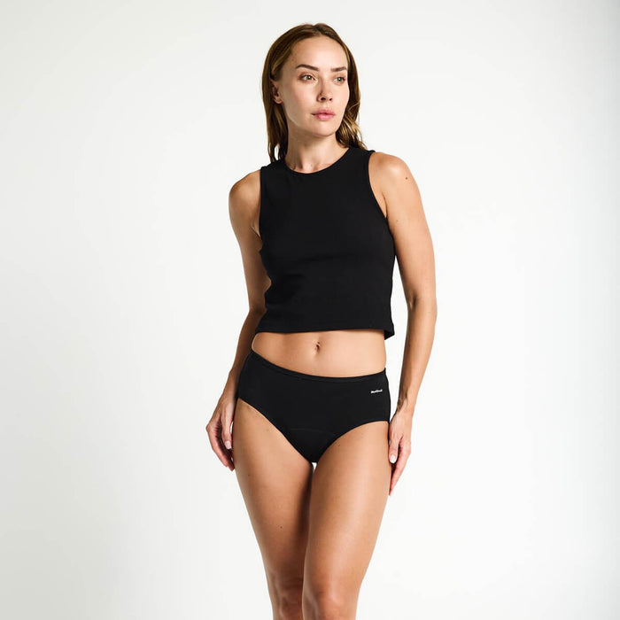 Modibodi Basic Mid-Rise Brief Moderate-Heavy in black, period underwear made from sustainable materials.