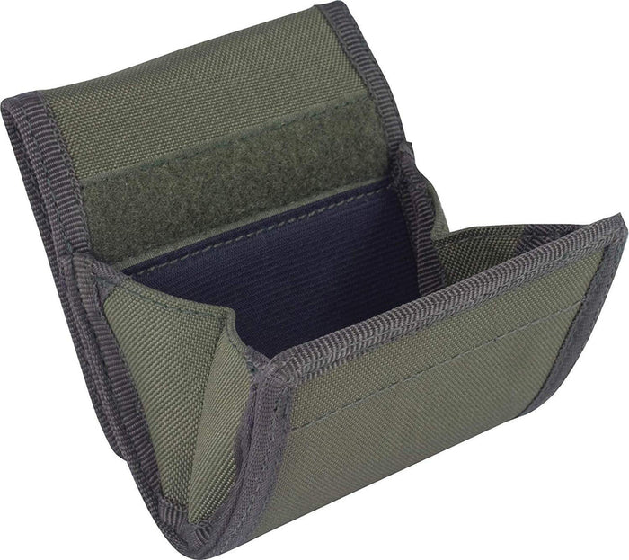 Green shells pouch with black interior on a white background