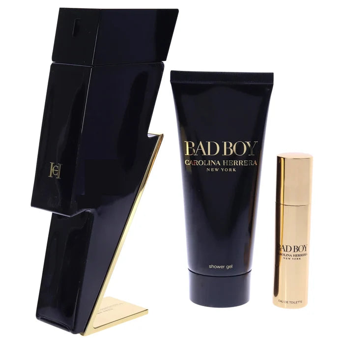 Carolina Herrera Bad Boy Men's 3-Piece Set: 3.4oz EDT Spray, 0.34oz EDT Travel Spray, 3.4oz Shower Gel.