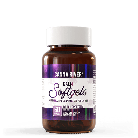 Canna River CBD Calm Softgels Broad Spectrum 50mg CBD + 25mg CBN + 25mg CBG 60 count