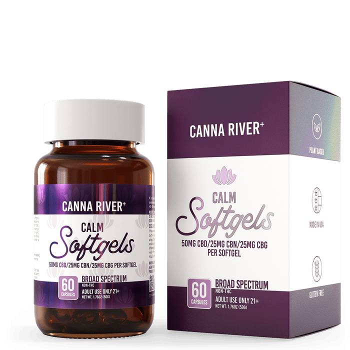 Canna River CBD Calm Softgels Broad Spectrum 50mg CBD + 25mg CBN + 25mg CBG 60 count