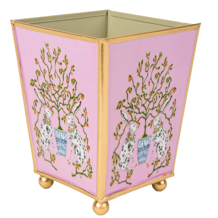 pink chinoiserie bunny planter, enameled square cachepot, 6 inch garden cachepot, decorative bunny planter, chinoiserie decor planter, whimsical garden pot, pink enamel indoor planter, small plant holder with bunnies, elegant flower cachepot, grandmillennial garden decor