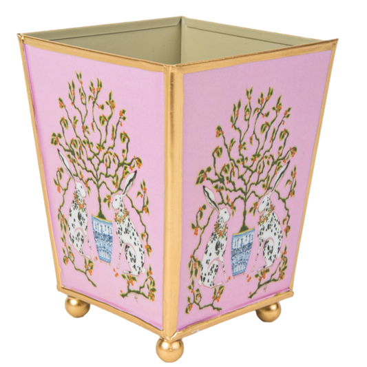 pink chinoiserie bunny planter, enameled square cachepot, 6 inch garden cachepot, decorative bunny planter, chinoiserie decor planter, whimsical garden pot, pink enamel indoor planter, small plant holder with bunnies, elegant flower cachepot, grandmillennial garden decor