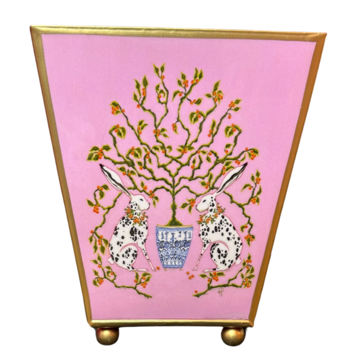pink chinoiserie bunny planter, enameled square cachepot, 6 inch garden cachepot, decorative bunny planter, chinoiserie decor planter, whimsical garden pot, pink enamel indoor planter, small plant holder with bunnies, elegant flower cachepot, grandmillennial garden decor