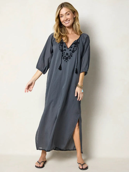 Christy Embroidered Cotton Maxi Dress - Charcoal-view 1