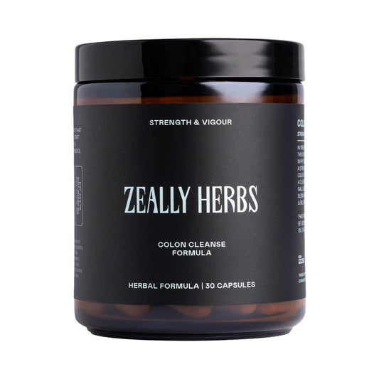 Jar of Zeally Herbs' Colon Cleanse Formula containing 30 capsules, a herbal supplement to promote regularity, relieve constipation, and support colon health.