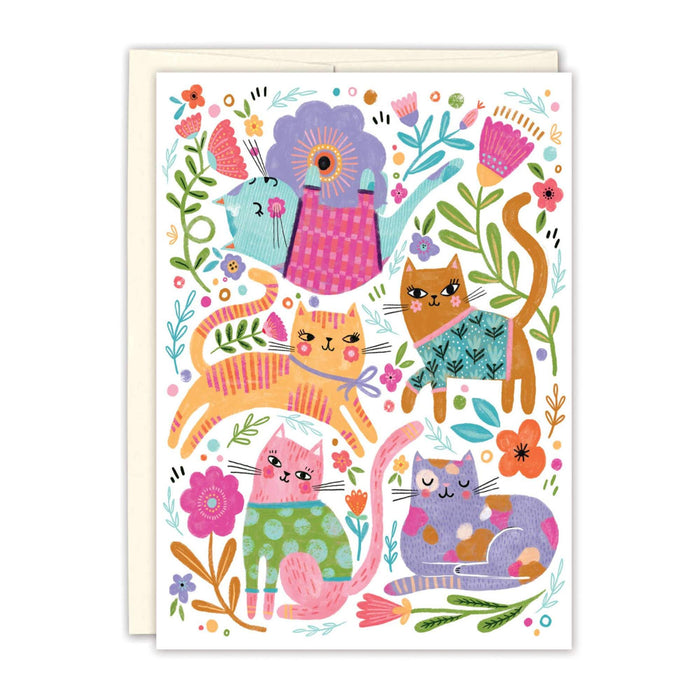 Colorful card with cartoon cats and flowers on a white background
