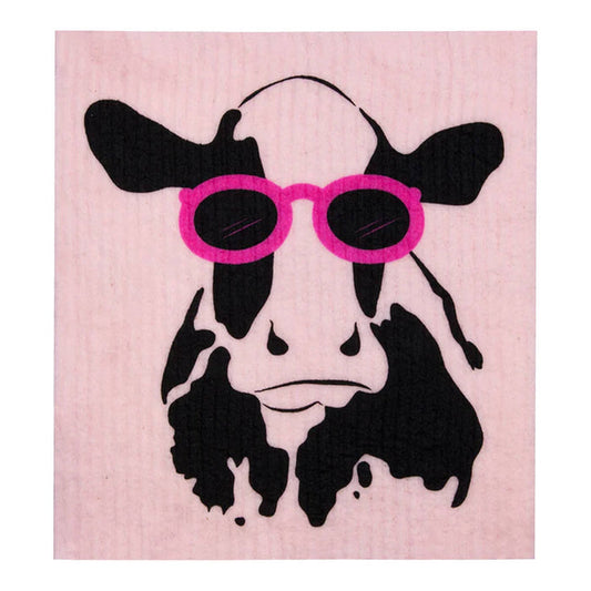 Compostable sponge cloth with a cow design.