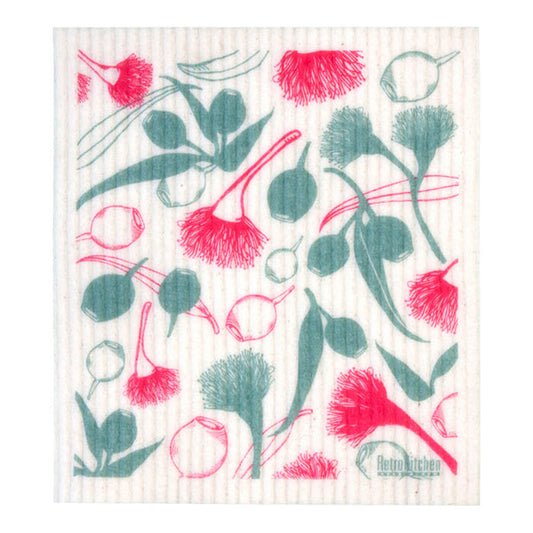 Compostable sponge cloth with a gumnut design.