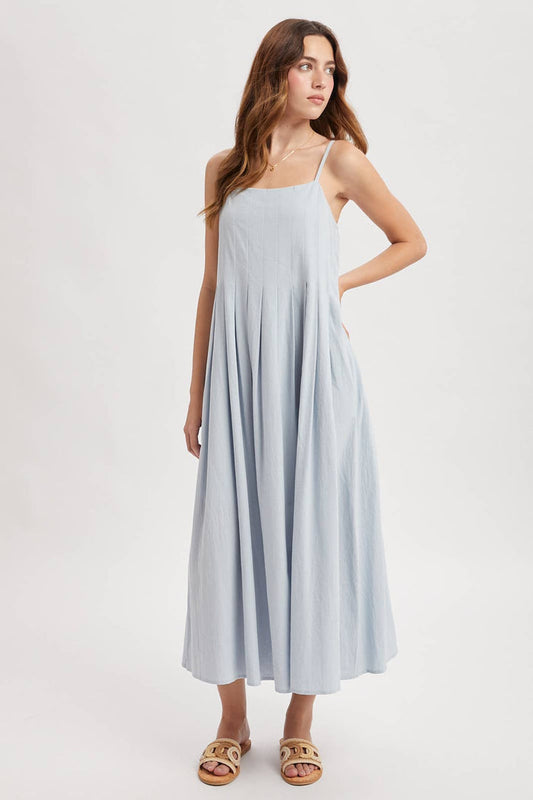COTTON PLEATED BUST MIDI DRESS / WL25-11915: SKY