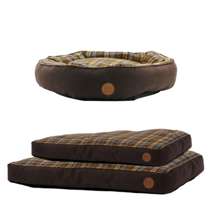 Brown and plaid pet bed with a circular top and rectangular bottom on a white background