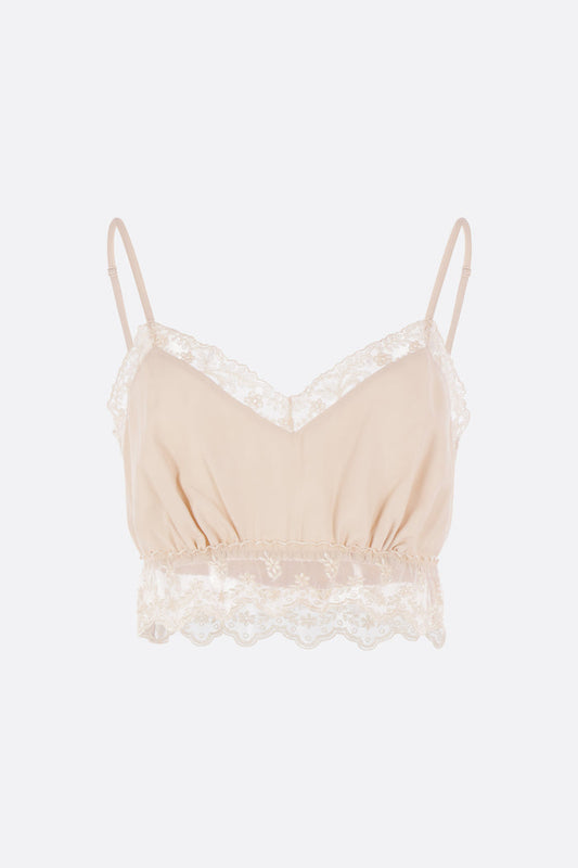 crepe de chine cropped top with lace trims
