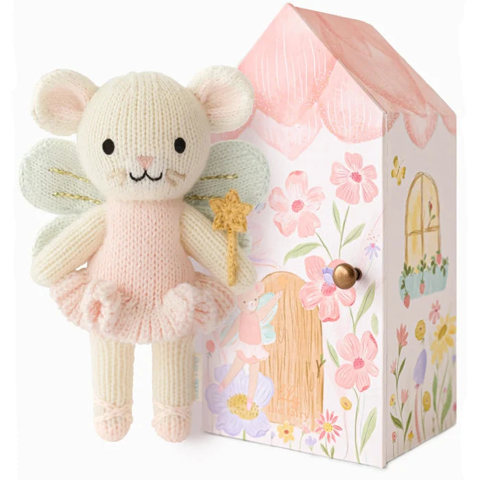 Knitted fairy mouse toy with a decorative box featuring floral and fairy designs.