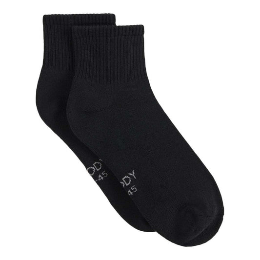 Pair of black cushioned quarter crew socks on a white background.