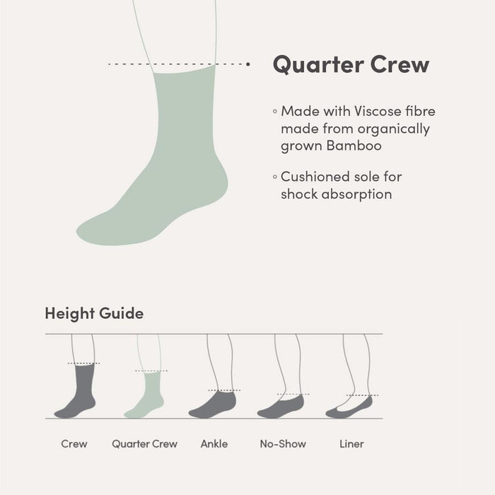Illustration of a quarter crew sock with height guide and product details on a white background