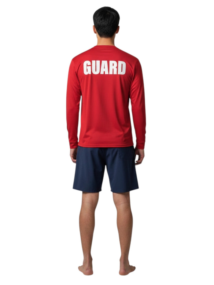 The Lifeguard Store red long sleeve Dri-Fit guard shirt with white GUARD text on the back worn by a male model