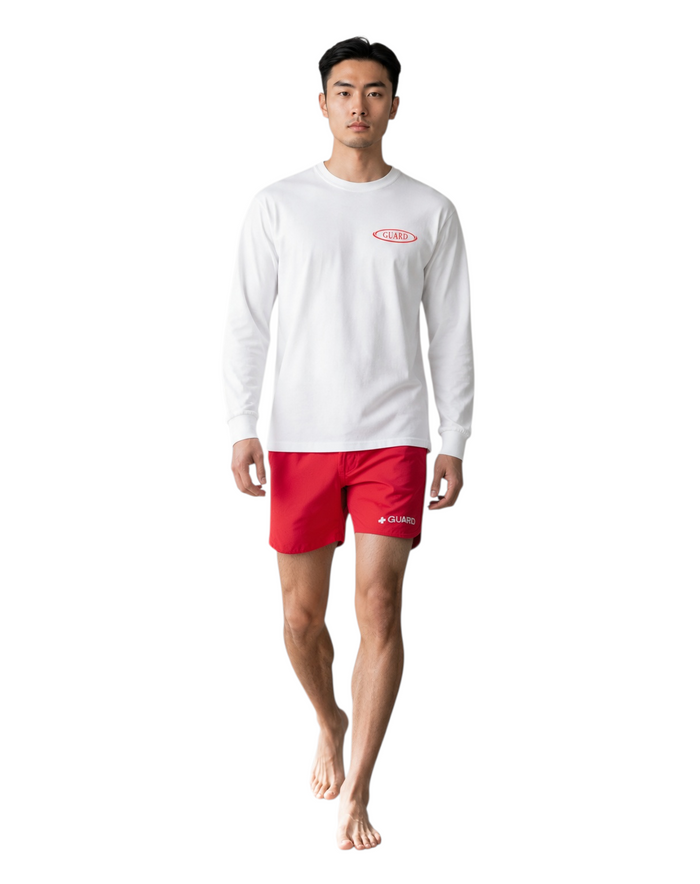 The Lifeguard Store white long sleeve Dri-Fit guard tee with red logo on chest worn by a male model