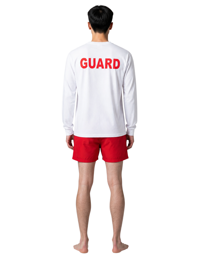 The Lifeguard Store white long sleeve Dri-Fit shirt with red GUARD text on the back worn by a male lifeguard