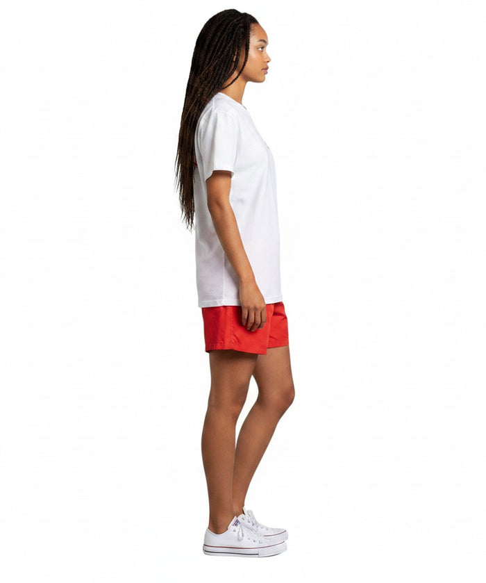 The Lifeguard Store white Dri-Fit short sleeve guard t-shirt worn by a model in profile view