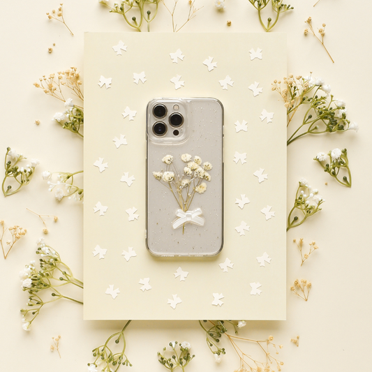 Clear phone case with dried flowers, a white bow, and scattered star confetti accents.