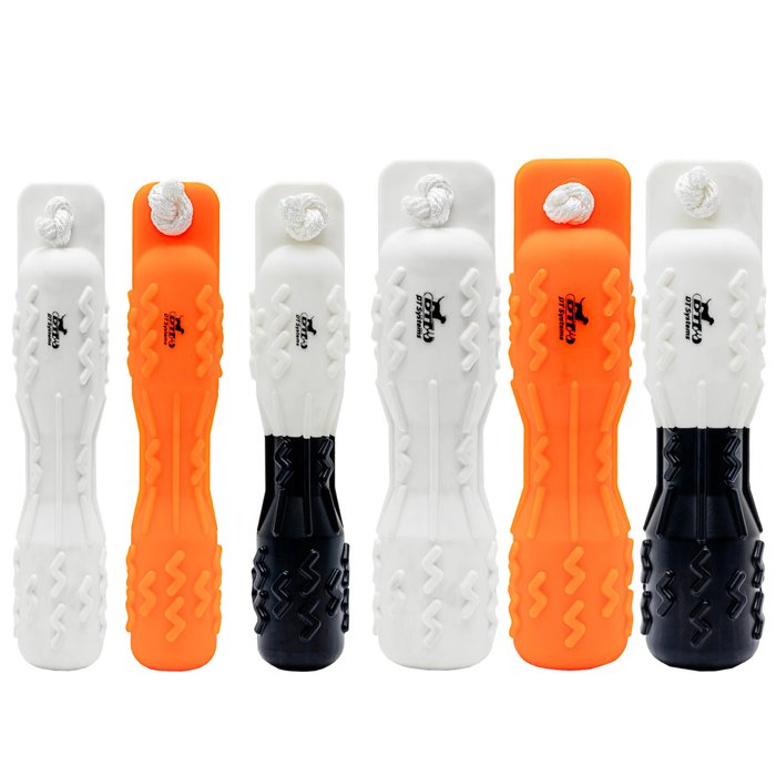 Set of six dog dummies in orange, white, and black on a white background