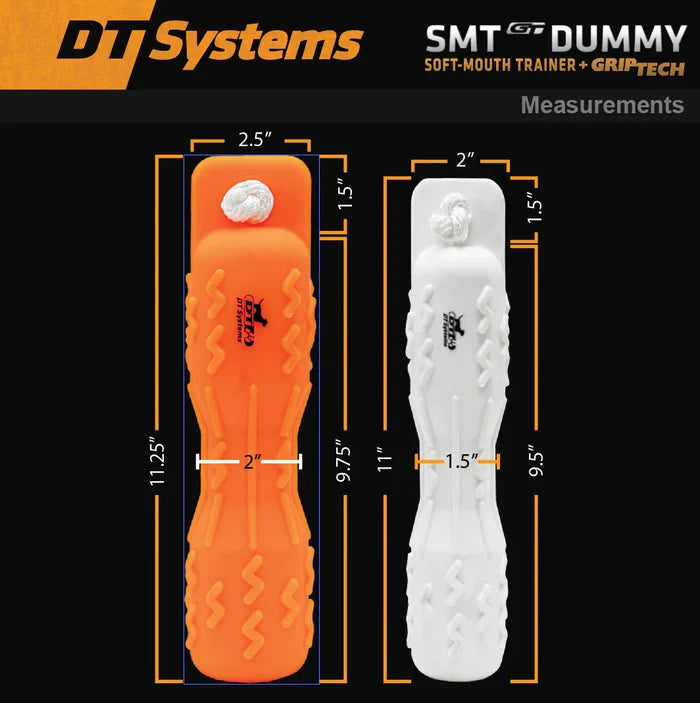 Measurement chart of an orange and white dog training dummy with DT Systems branding.