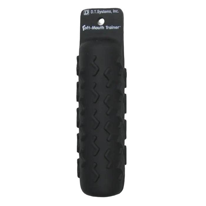 Black dog training dummy with textured surface and D.T. Systems, Inc. branding on a white background