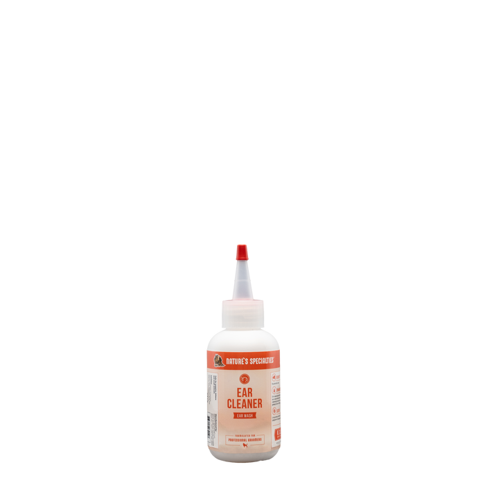 Routine Ear Cleaner for dogs and cats by Natures Specialties in 4oz size bottle with conical spout.