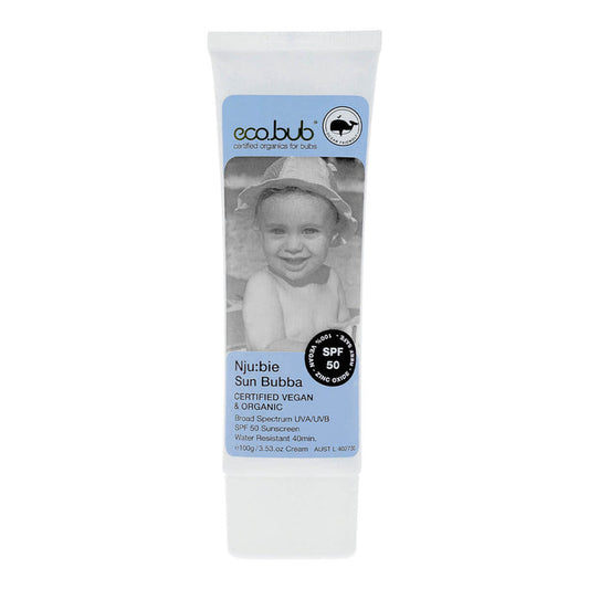 Tube of certified vegan and organic broad spectrum UVA/UVB sunscreen with SPF 50 for babies.