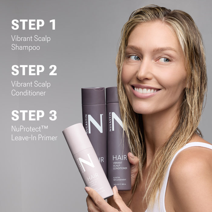 Front view of Elevated Essentials Trio showing three NULASTIN serum bottles on white background