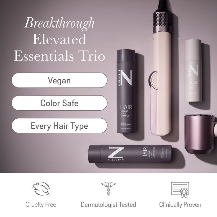 Front view of Elevated Essentials Trio showcasing three NULASTIN product bottles and tubes on a light gray background